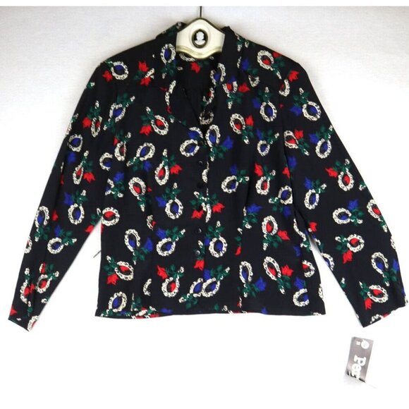 VINTAGE PERSONAL LESLIE FAY - BLACK MIRROR ROSE PRINT TOP (8) & SKIRT (10) SET - Picture 3 of 10